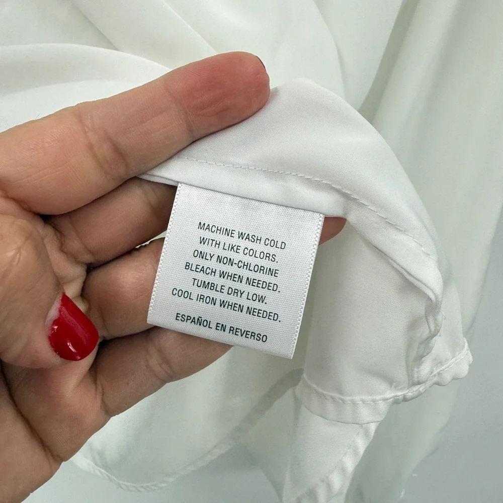 Charter Club White Blouse XL Long Sleeve Sheer Pleated‎ V Neck Lace Trim Women's
